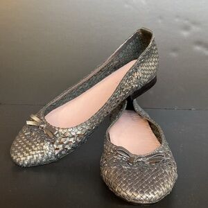 Taryn Rose Leather Woven Ballet Flats Gray Silver Metallic Pewter Size 9.5